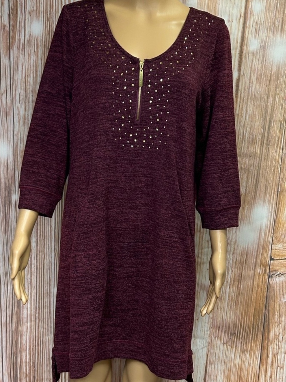 Tacera 1/4 Zip Embellished‎ Front Burgundy Fleece Tunic Dress
